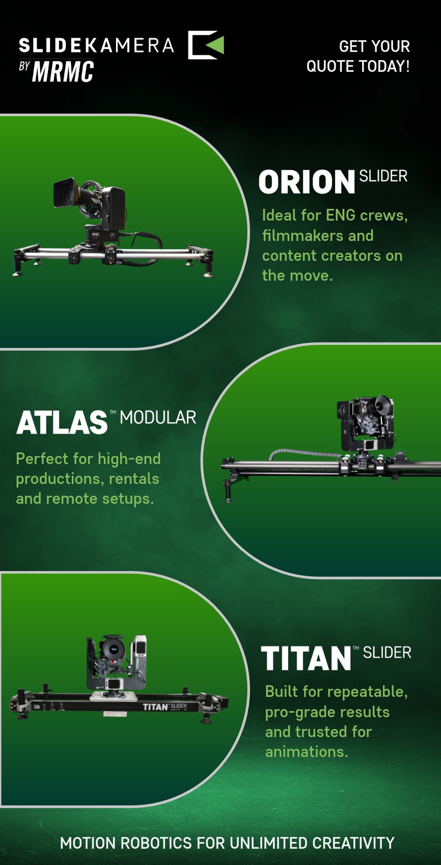Slidekamera by MRMC graphic with the ORION, ATLAS and TITAN Slider images