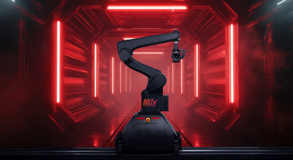 Bolt Jr Plus Camera Robot on Track in front of red neon background